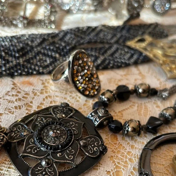 Black & Silver Vintage Necklace Collection Intricate jewelry Circa 1920s brooch